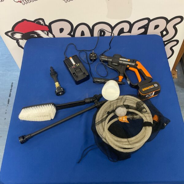 Worx Hydroshot pressure washer with various cleaning attachments.