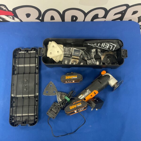 Worx Sonicrafter WX678 cordless multi-tool with battery and attachments.