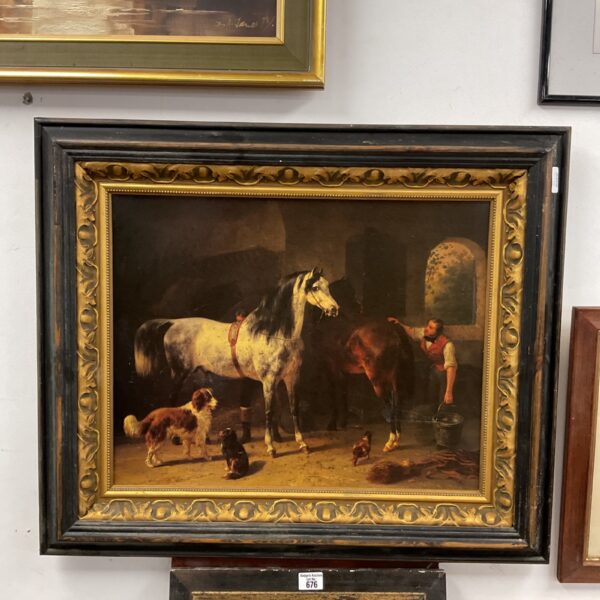 Framed 19th-century print of a stable interior with horses and a dog.