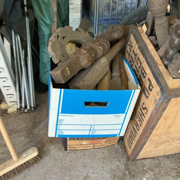 Two boxes of antique furniture fragments from Wycombe Museum.