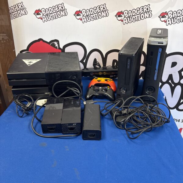Xbox consoles lot including Xbox One and Xbox 360 models.
