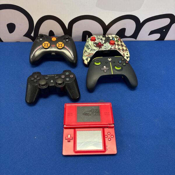 Gaming controller lot featuring Xbox controllers and Nintendo DS console.