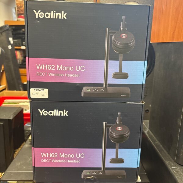 Front view of two Yealink WH62 Mono UC headset boxes.