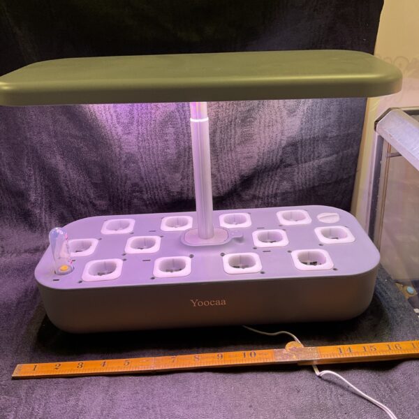Yoocaa seed propagator with grow light, front view.
