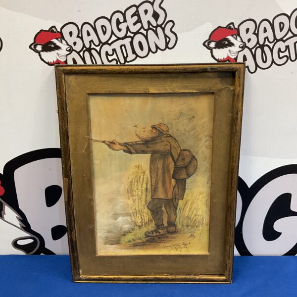 Vintage 1924 painting of a fisherman with a basket, titled "Gooseberry Tart".