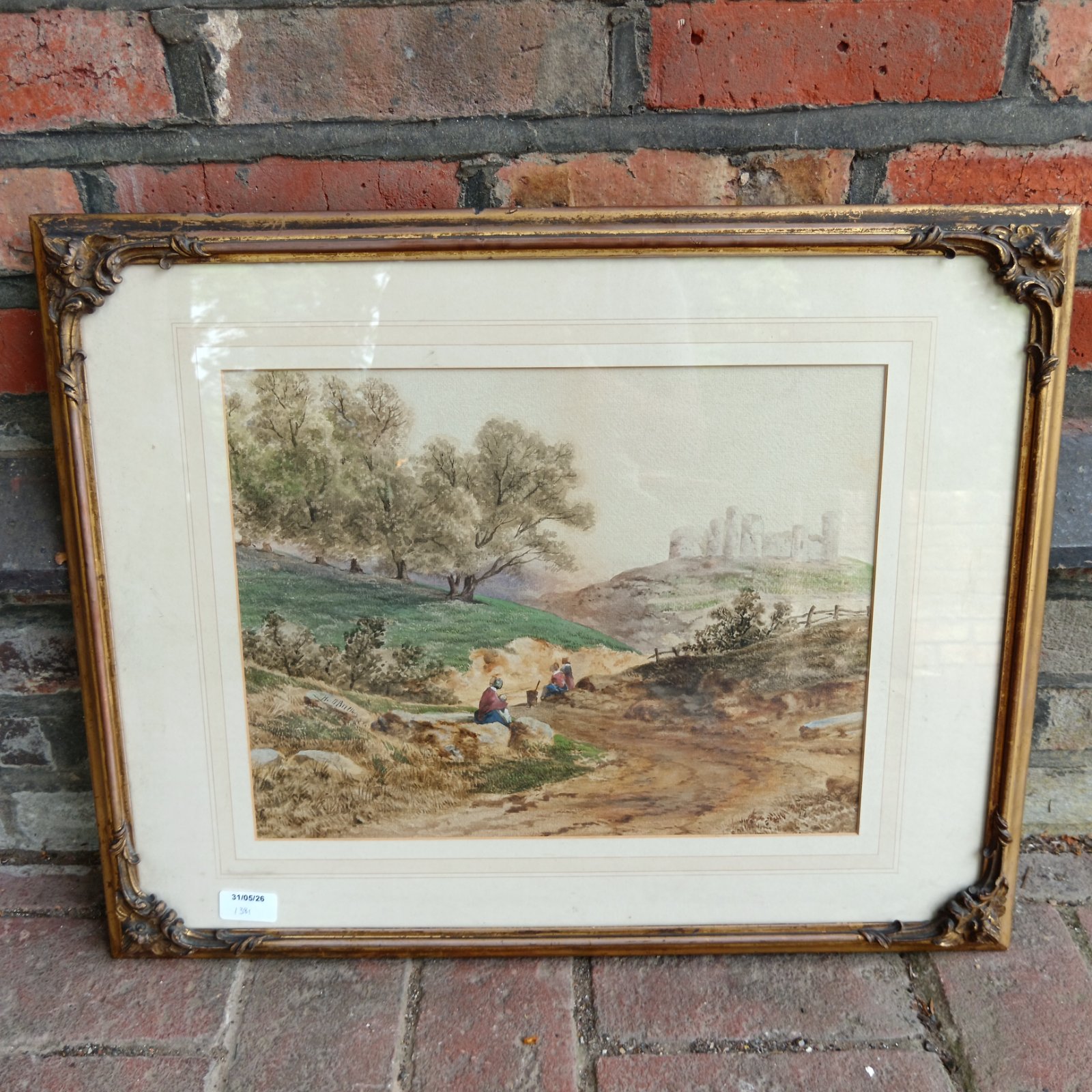 Early 19th century watercolour landscape painting with castle and figures.