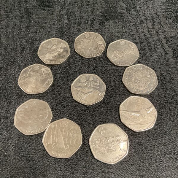 Ten 2011 London Olympics 50p coins in a collection.