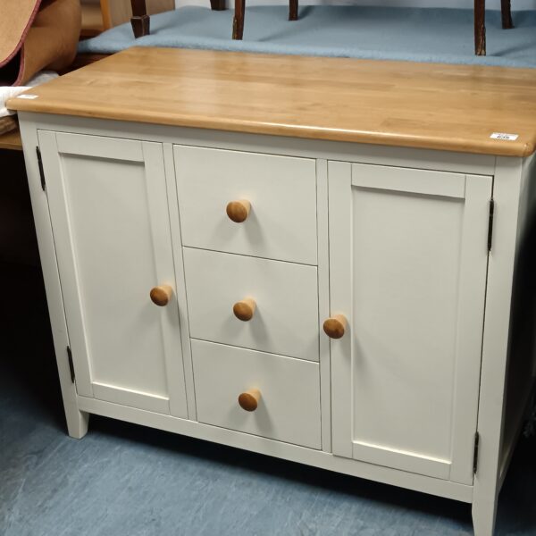 oak effect three drawer two cupboard side cabinet