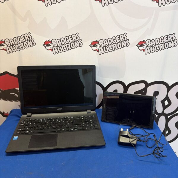 Black Acer laptop with Samsung tablet and charger for auction.
