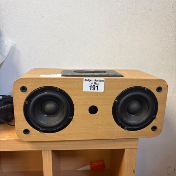 Acoustic Solutions wooden speaker, CSPK40 1WI model, close-up view.