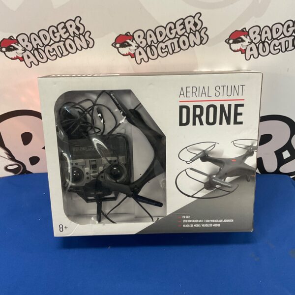 Remote control aerial stunt drone with controller, ideal for hobbyists.