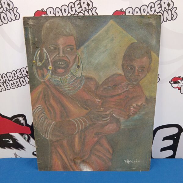 Vintage oil painting of African tribal mother and child.