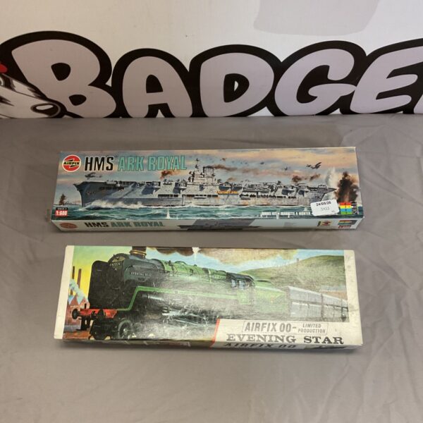 Vintage Airfix model kits HMS Ark Royal and Evening Star in boxes.