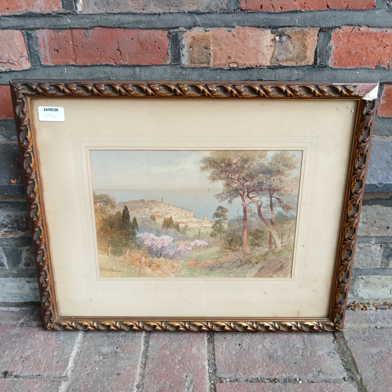 Albert Stevens watercolour painting of a village hillside scene.