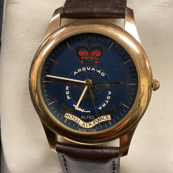 Vintage Alfrx Royal Air Force wristwatch with gold case.