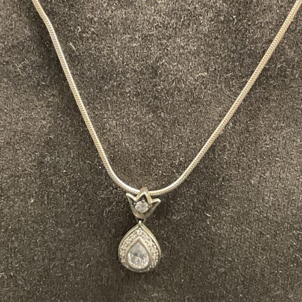 Silver Althorpe Princess Diana inspired necklace with pear-shaped pendant.
