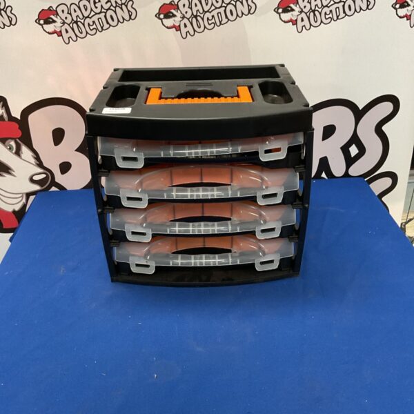Alutec 56100 storage box with four drawers, ideal for parts organisation.