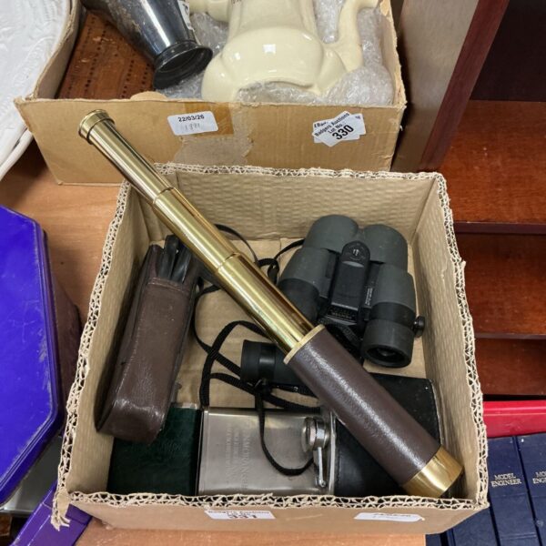 Antique brass telescope within a mixed lot of vintage items.