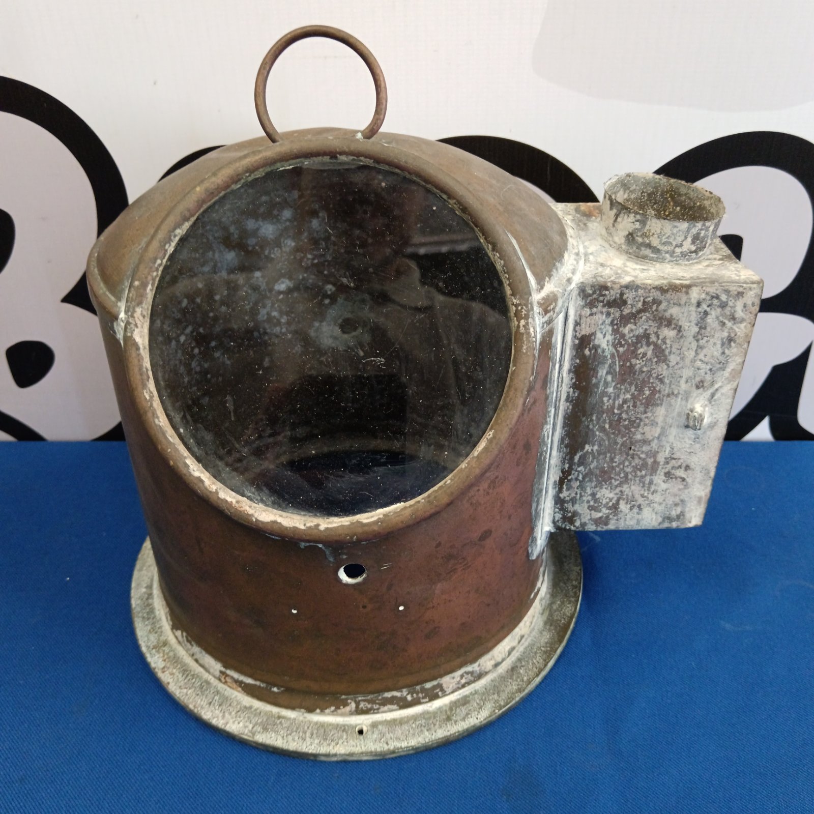 Antique copper ships compass binacle case with hinged door.