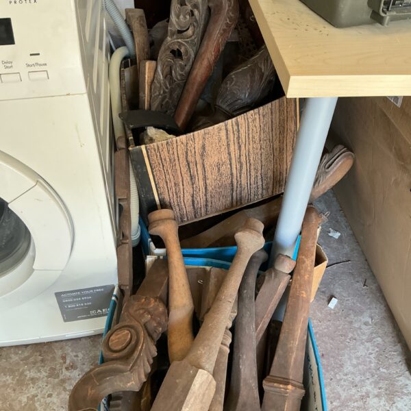 Antique furniture parts from Wycombe Museum, carved wood components.