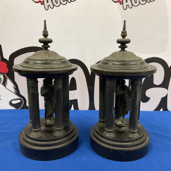 Antique Greek philosopher garniture on slate bases, Victorian decor.