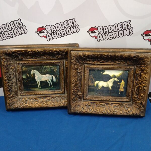 Antique pair of framed horse prints for vintage decor.
