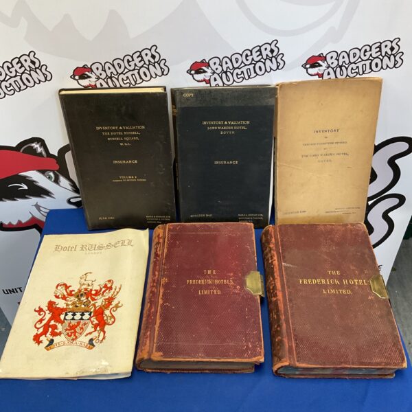 Group of antique hotel ledgers including Lord Warden Hotel and Hotel Russell.