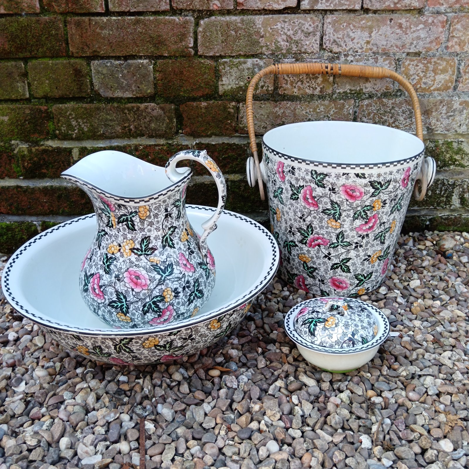 Antique F & Winkle Jacobean wash bowl and jug set, Victorian era.