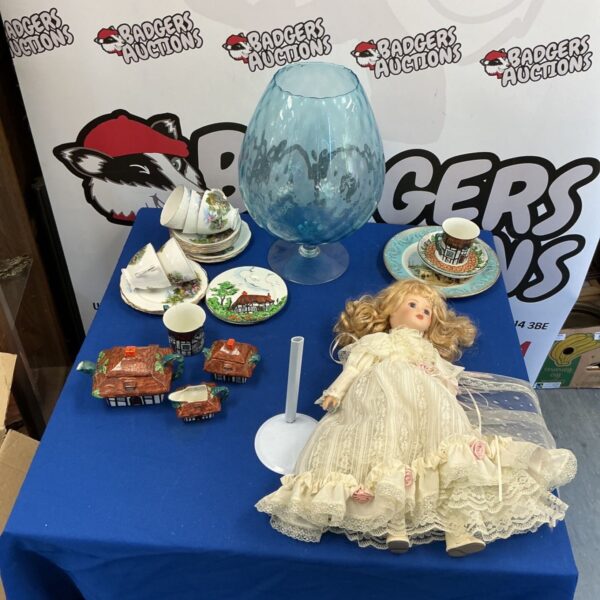 Antique Victorian porcelain doll displayed under a glass dome.