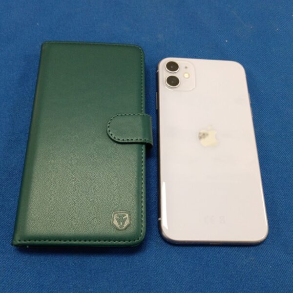 Apple iPhone 11 in a green protective case.