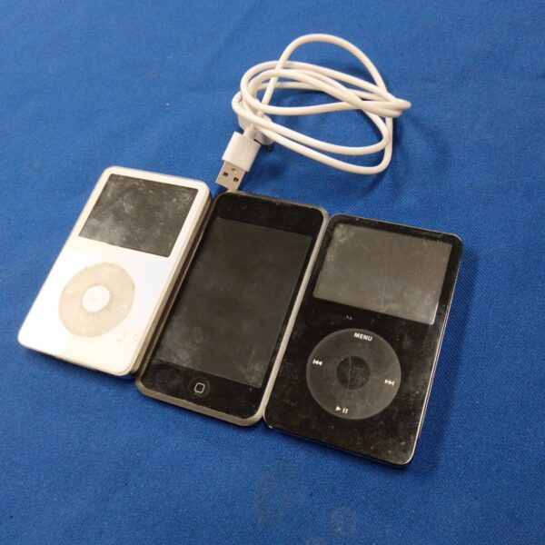 Three Apple iPod Classic MP3 players displayed on a blue background.