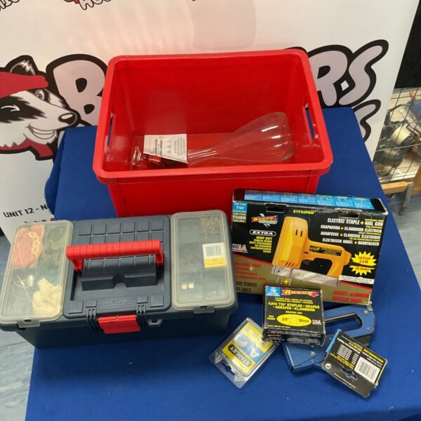 Vintage Arrow electric staple gun with Tuff Stuff toolbox.