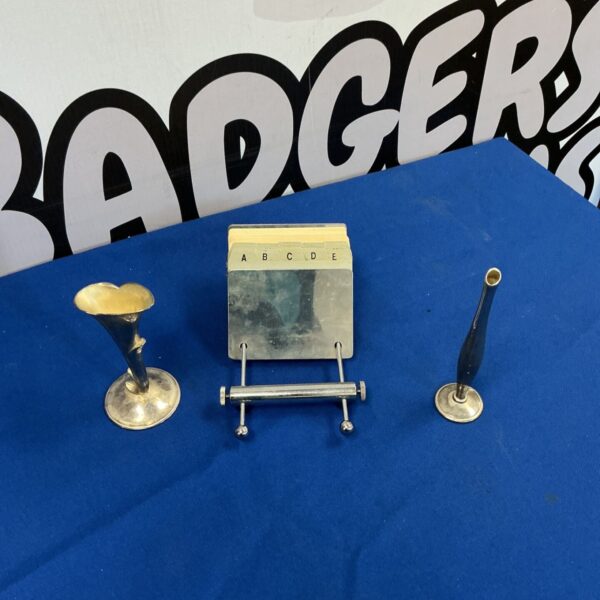 Vintage silverplate Art Deco card index rack with vases.