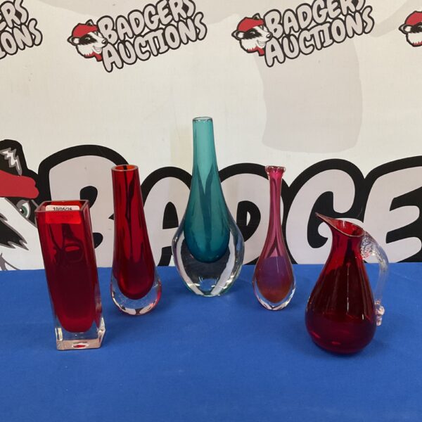Collection of colourful art glass vases, including a blue teardrop.