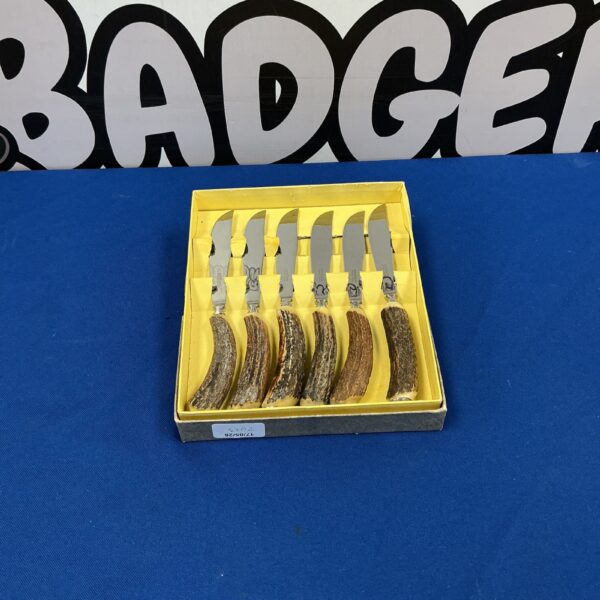 Vintage Ashberry bone handle knives set displayed on a dark surface.