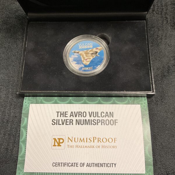 Silver Avro Vulcan XH558 numisproof coin, aviation collectible.