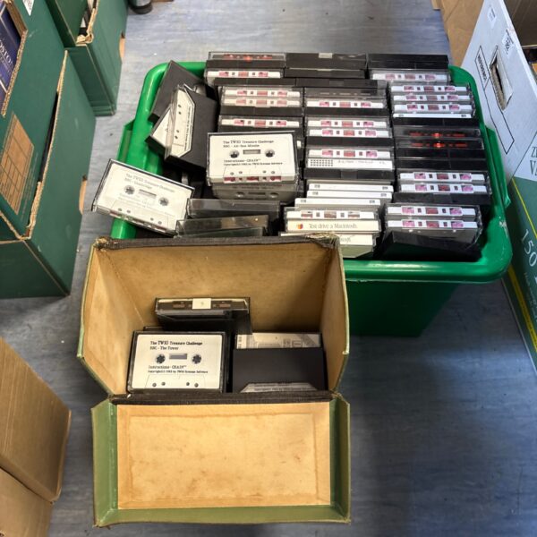 Collection of BBC The Twig Treasure Challenge cassette tapes and Apple software.