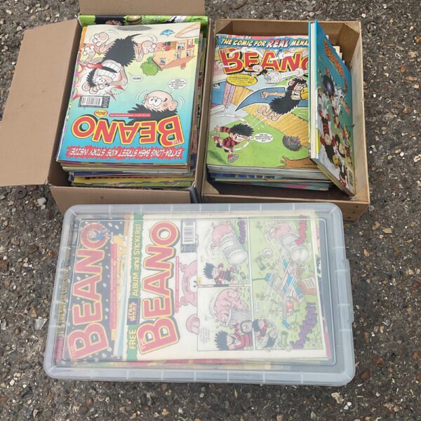 Three boxes of assorted vintage Beano comics and annuals.