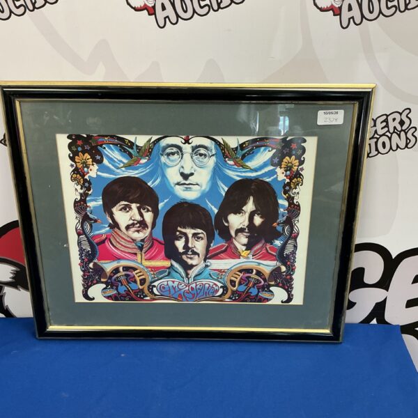 Framed Beatles Come Together print, vibrant pop art style.