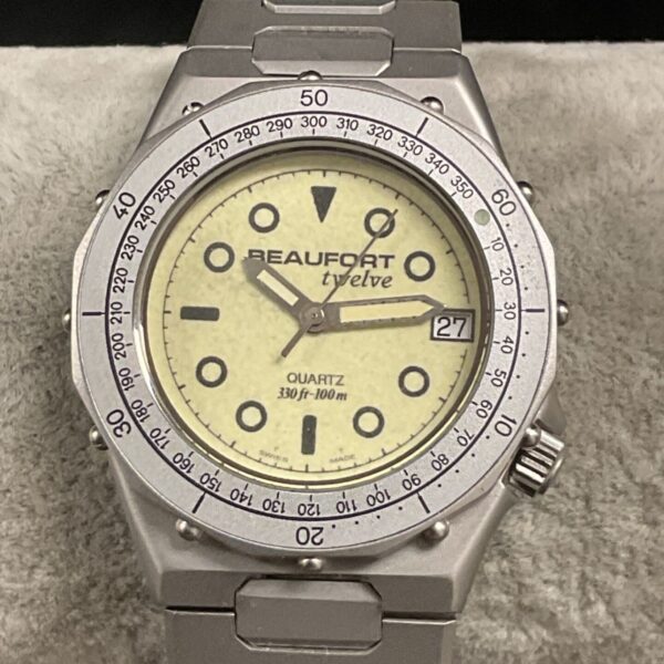 Vintage Beaufort Twelve quartz wristwatch with silver dial.