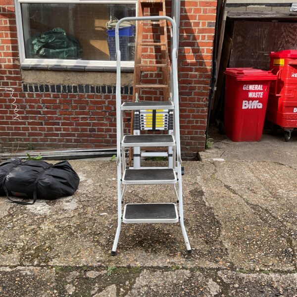 Bergman step ladder in a garden setting, showing signs of use.