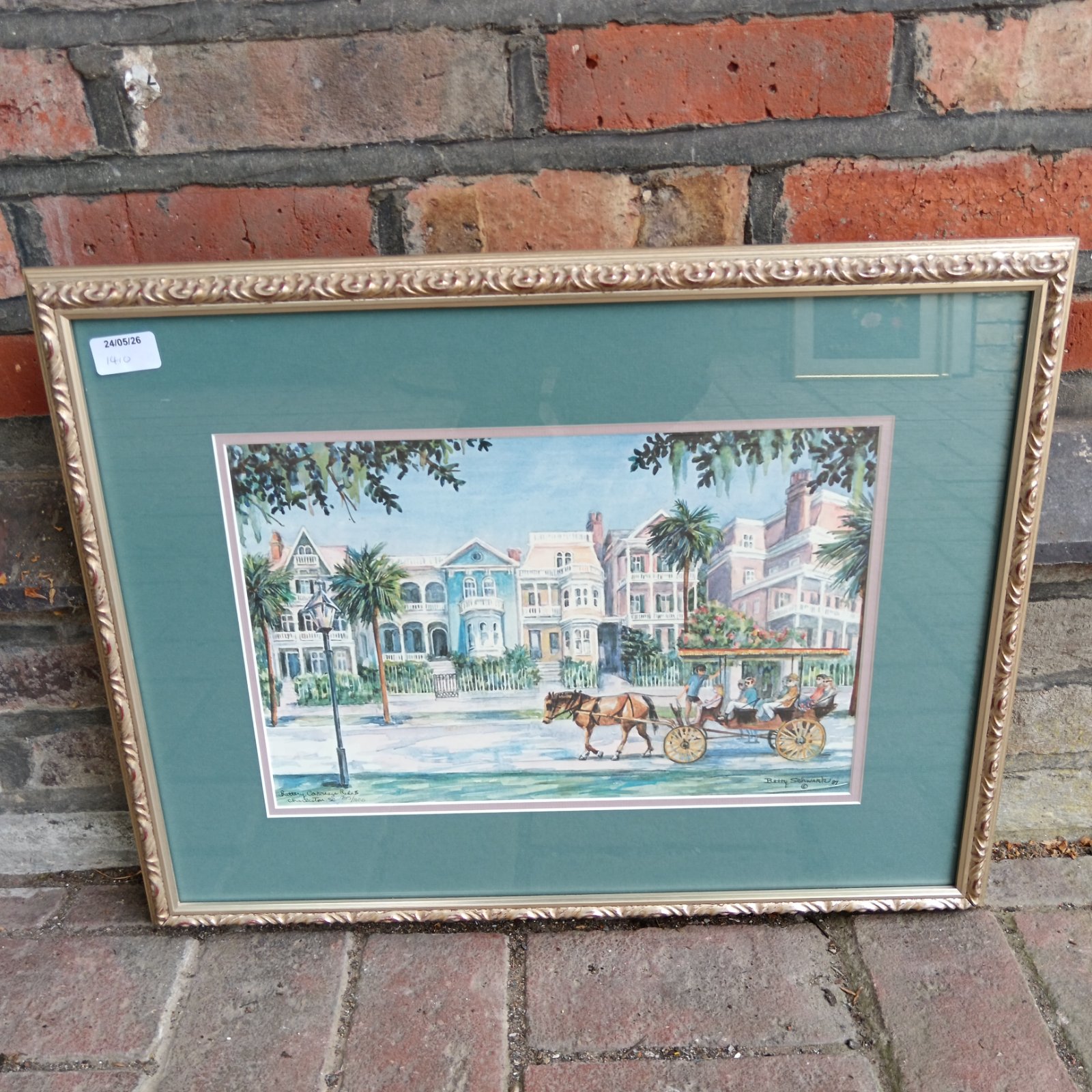 Framed limited edition Betty Schwark print of a Charleston carriage ride.
