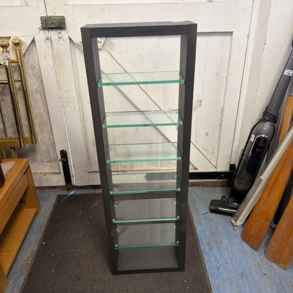 Black display cabinet with six glass shelves for collectibles.