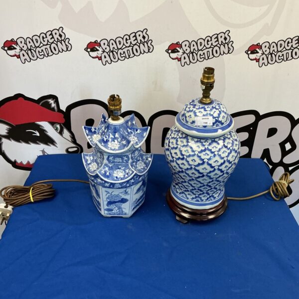 Intricate blue and white porcelain table lamp with floral design.