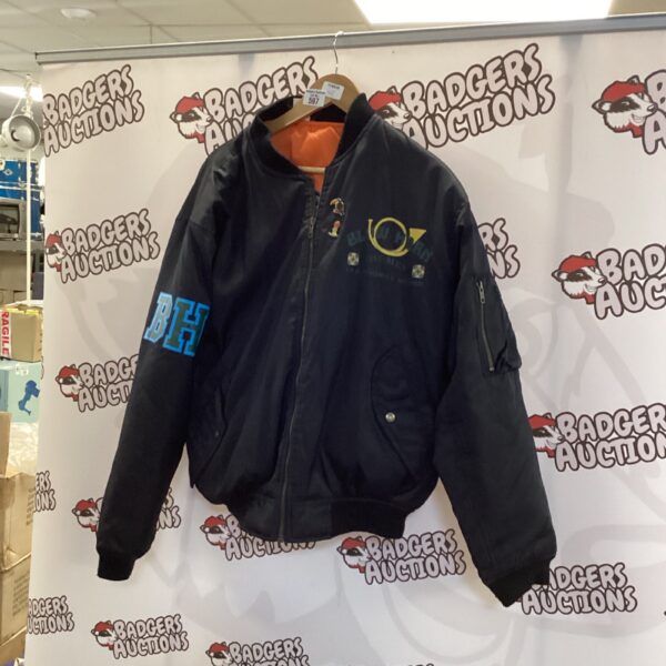 Blue Horn bomber jacket, size small, vintage style outerwear.