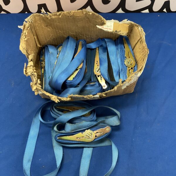 Blue ratchet straps with golden buckles for securing cargo.