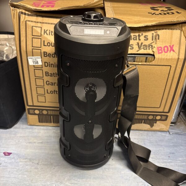 Black wireless Bluetooth speaker for portable audio.