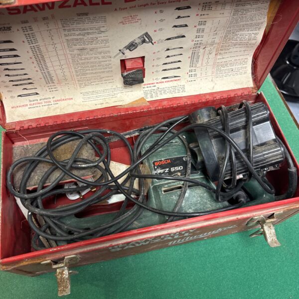 Vintage Bosch PFZ 550 saw in Milwaukee toolbox with blades.