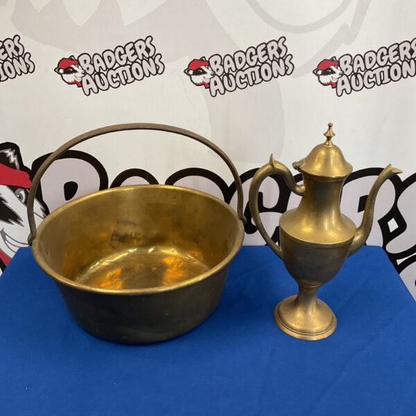 Antique brass jam pan with iron handle and brass ewer set.