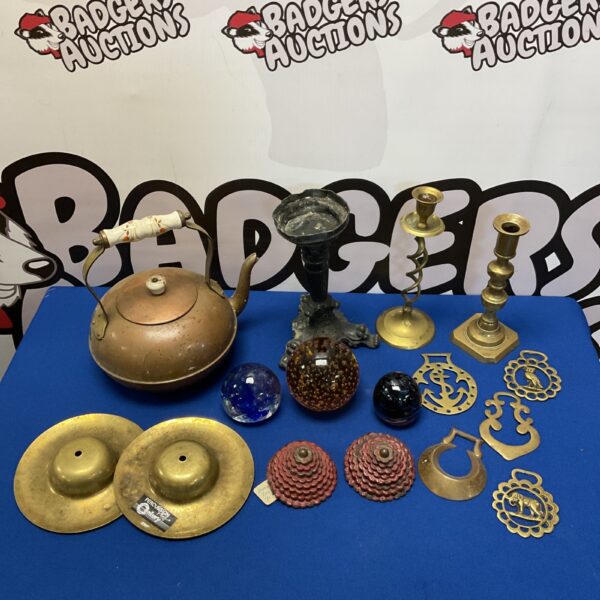 Vintage brassware and glass lot with copper kettle and paperweights.